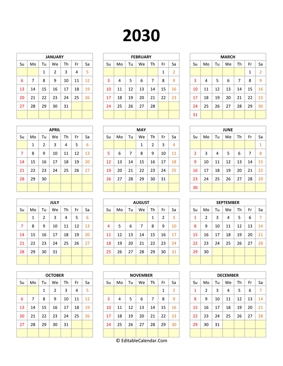 editable calendar template 2030