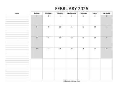 editable february 2026 calendar with notes