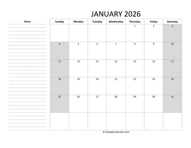 editable january 2026 calendar with notes