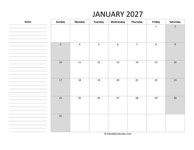 editable january 2027 calendar with sidebar notes