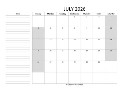 editable july 2026 calendar with notes