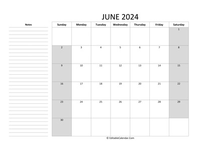 editable june 2024 calendar with notes