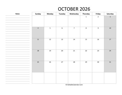 editable october 2026 calendar with notes