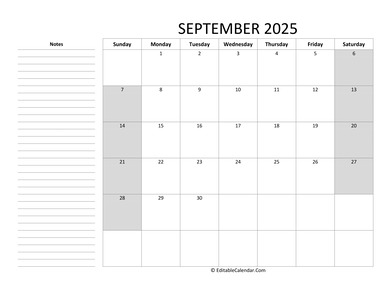 editable september 2025 calendar with notes