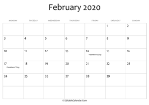 february 2020 printable calendar holidays