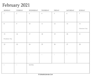 february 2021 editable calendar with holidays