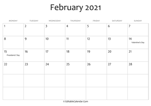february 2021 printable calendar holidays