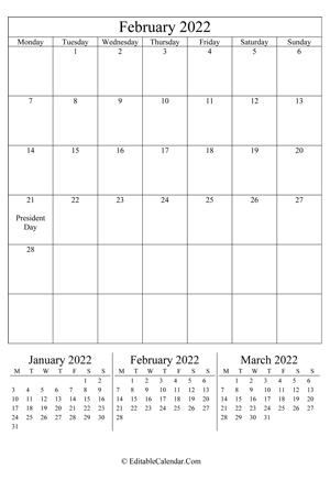 february 2022 editable calendar portrait
