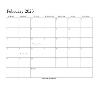 february 2023 editable calendar with holidays