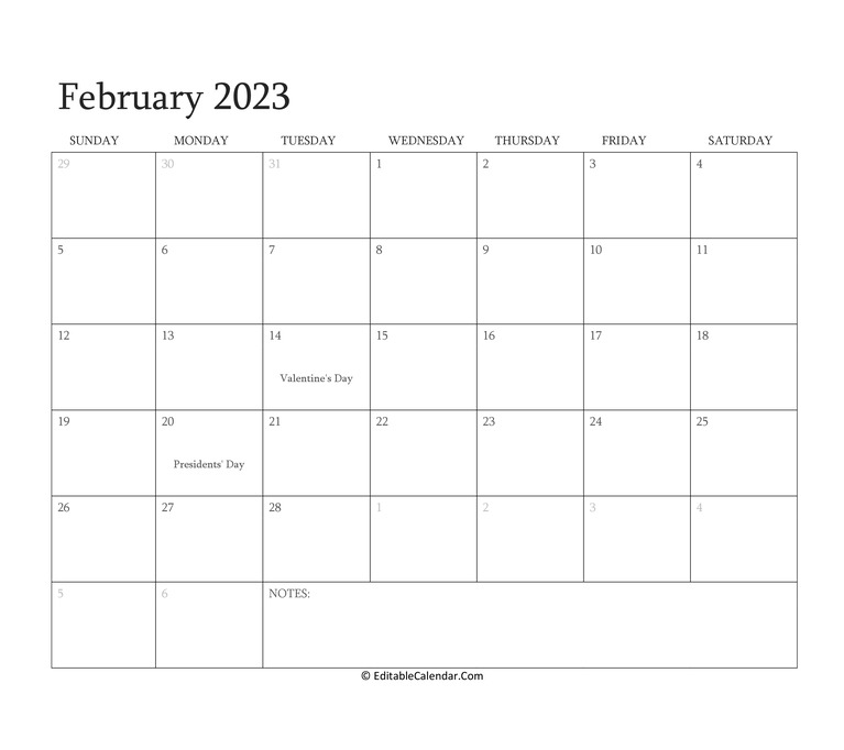 Editable Calendar February 2023