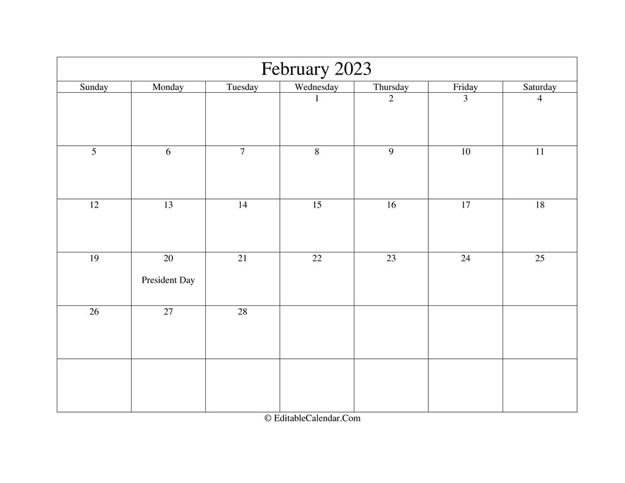 Editable Calendar February 2023