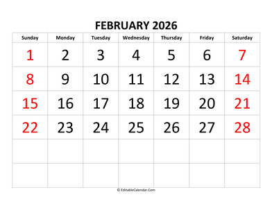 february 2026 calendar editable