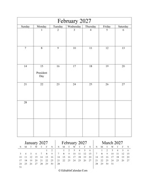 february 2027 editable calendar (portrait layout)