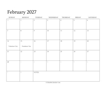 february 2027 editable calendar with holidays