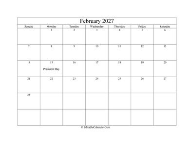 february 2027 printable calendar with holidays