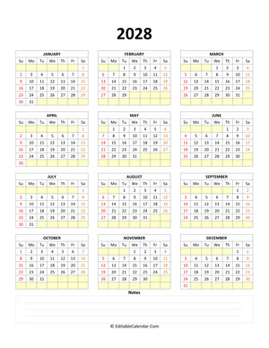 fillable calendar 2028 with notes