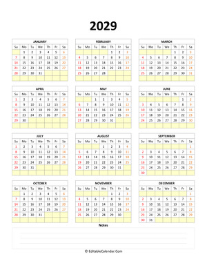 fillable calendar 2029 with notes