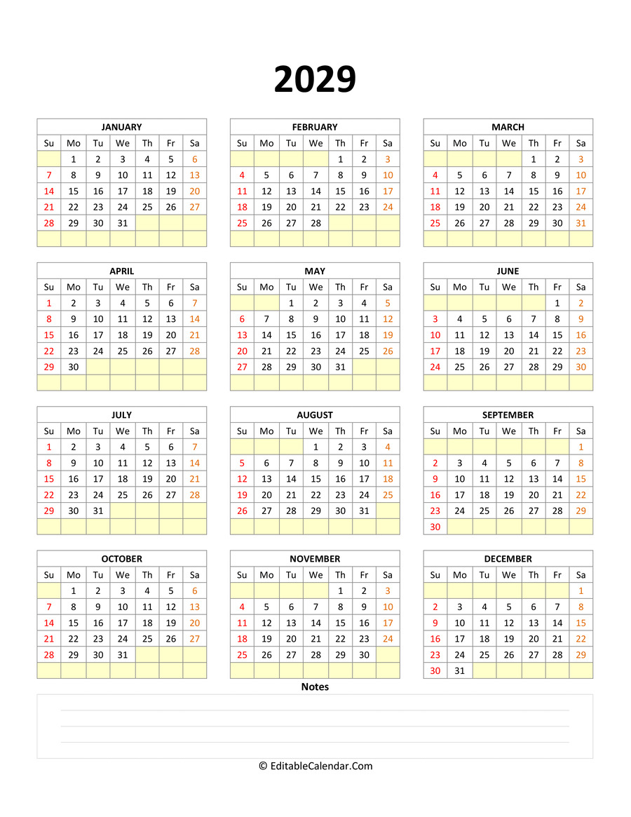 fillable calendar 2029 with notes