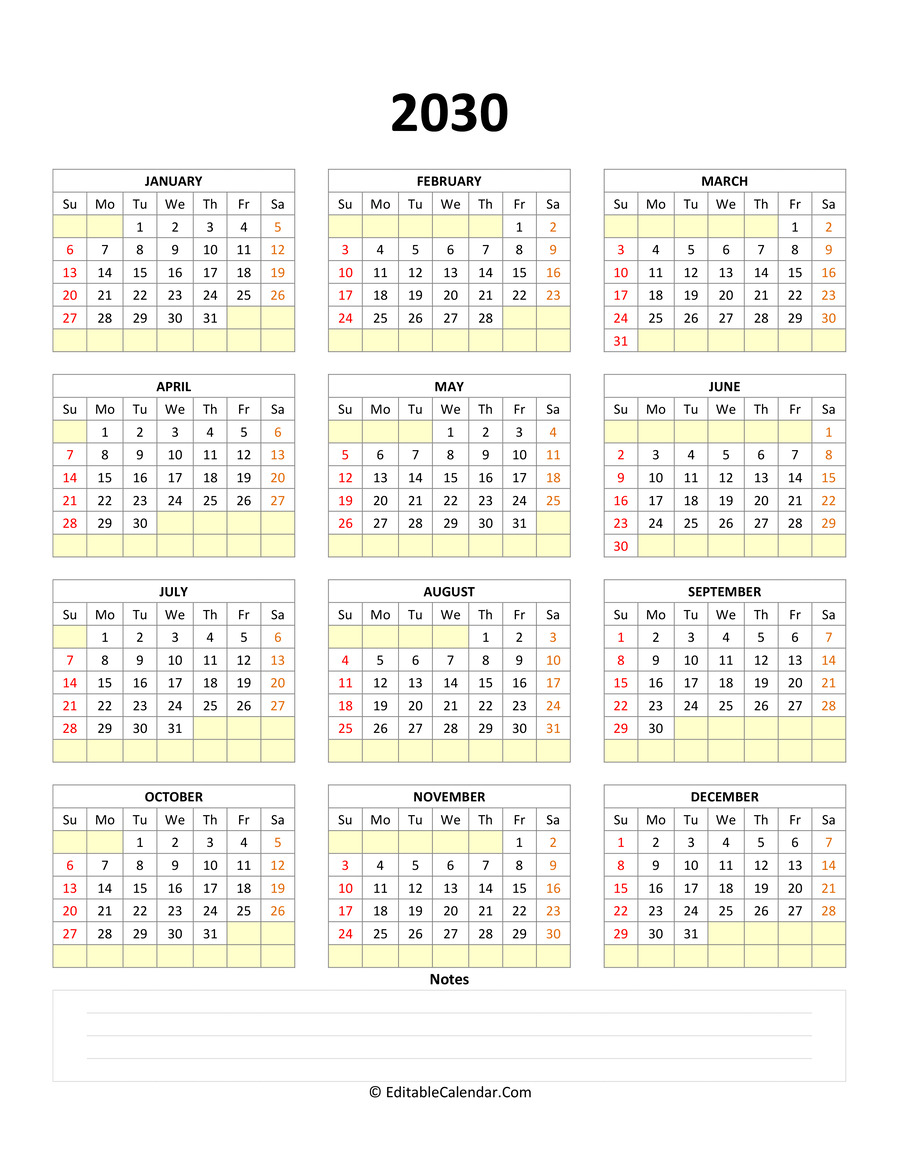 fillable calendar 2030 with notes