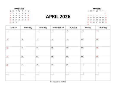 fillable calendar april 2026 with holidays