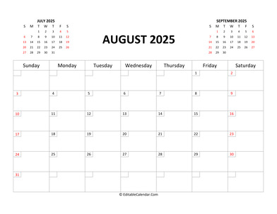 fillable calendar august 2025 with holidays