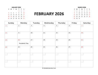 fillable calendar february 2026 with holidays