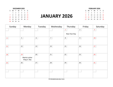 fillable calendar january 2026 with holidays