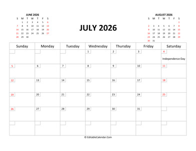 fillable calendar july 2026 with holidays