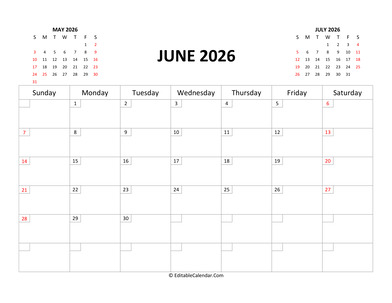 fillable calendar june 2026 with holidays