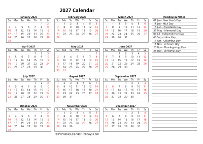 free 2027 calendar week starts sunday