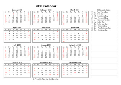 free 2030 calendar week starts sunday