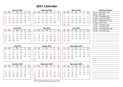 free 2031 calendar week starts sunday