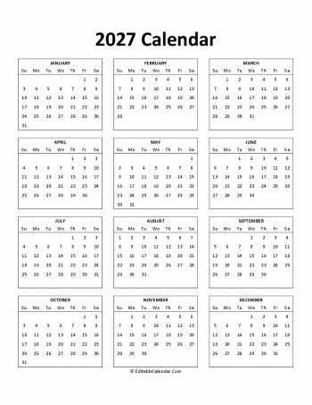free printable 2027 calendar
