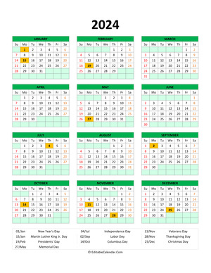 editable 2024 calendar with holidays green style