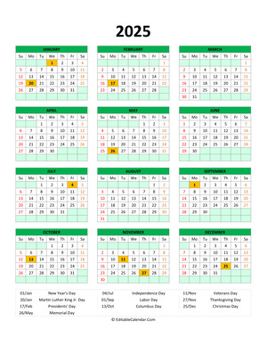 editable 2025 calendar with holidays green style