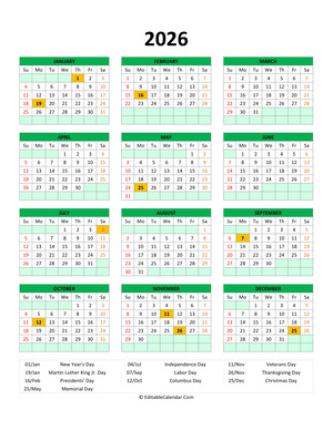 editable 2026 calendar with holidays green style