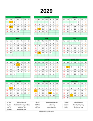 editable 2029 calendar with holidays green style