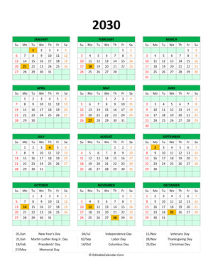 editable 2030 calendar with holidays green style
