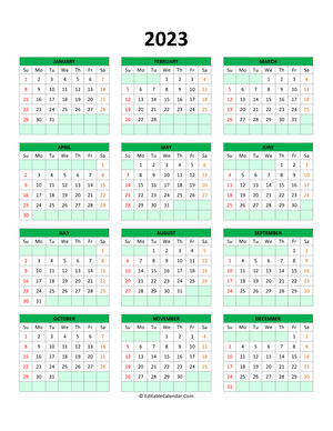 editable calendar template 2023 green style