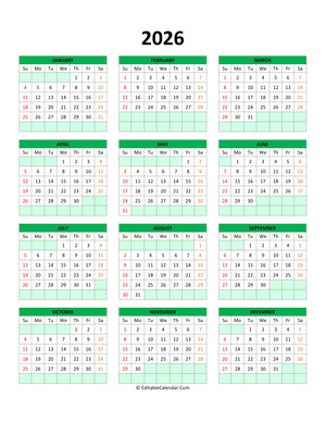 editable calendar template 2026 green style
