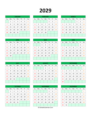 editable calendar template 2029 green style