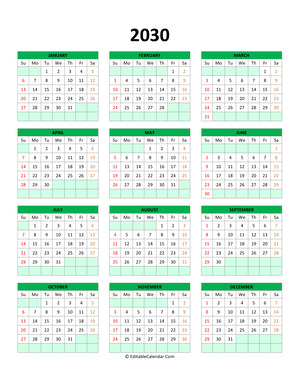 editable calendar template 2030 green style