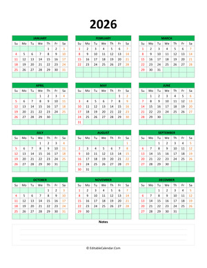 fillable calendar 2026 with notes green style