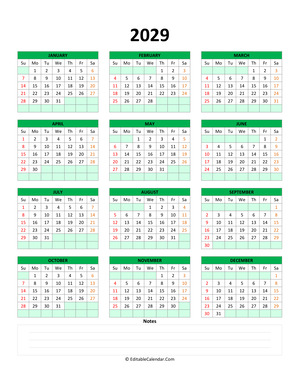 fillable calendar 2029 with notes green style