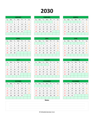 fillable calendar 2030 with notes green style