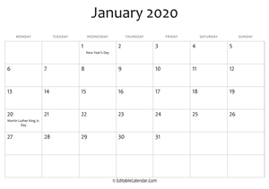 january 2020 printable calendar with holidays