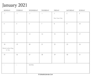 january 2021 editable calendar with holidays