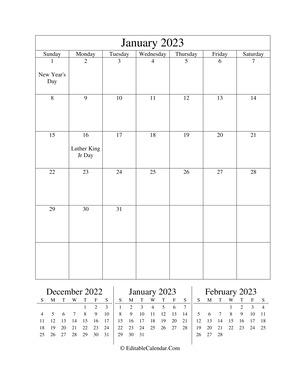 january 2023 editable calendar (portrait layout)