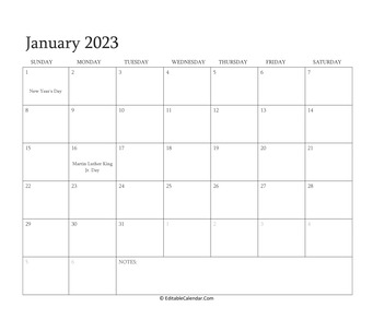 january 2023 editable calendar with holidays