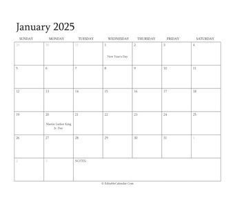 january 2025 editable calendar with holidays